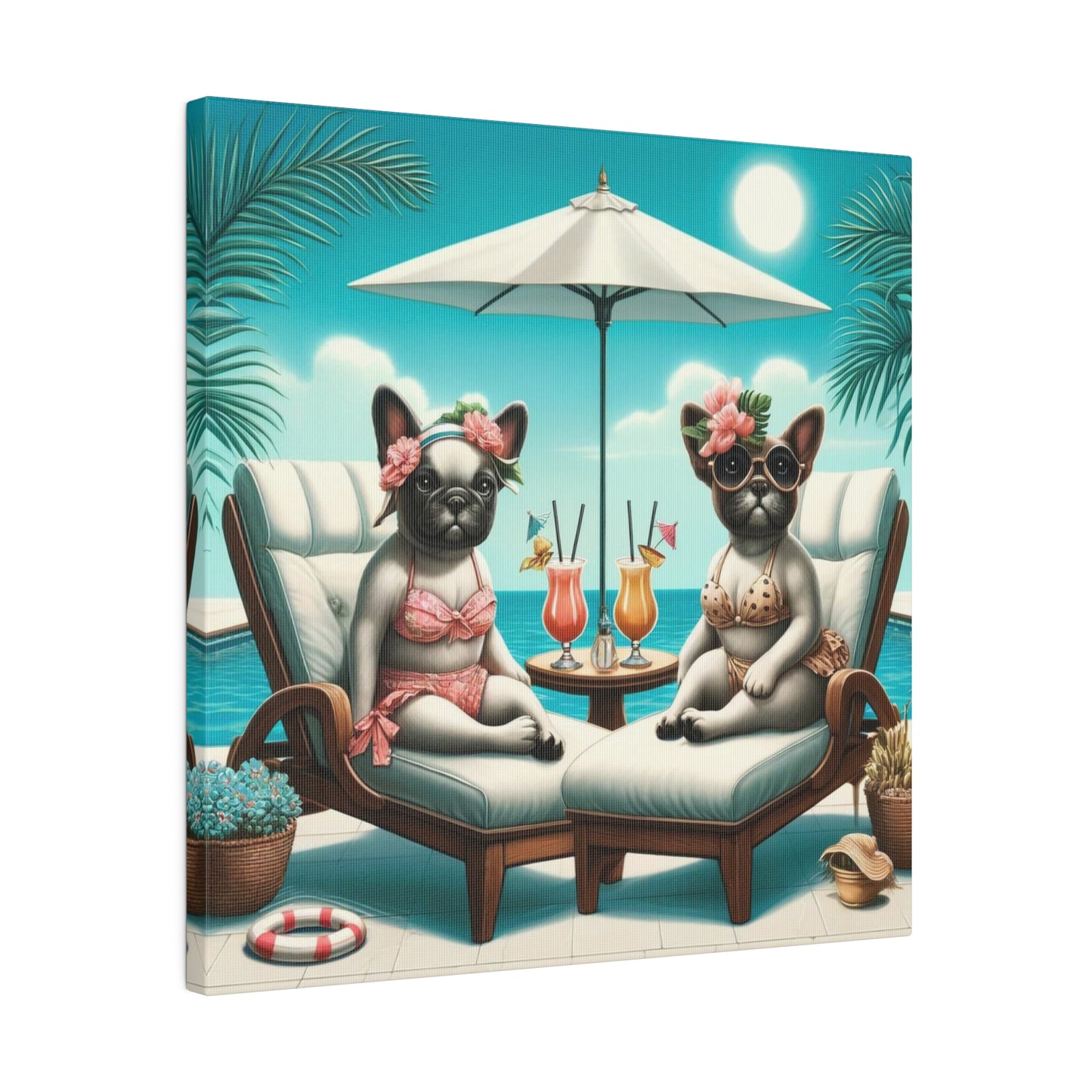 Frenchies Sippin' On Mai Tais-Matte Canvas, Stretched, 14x14