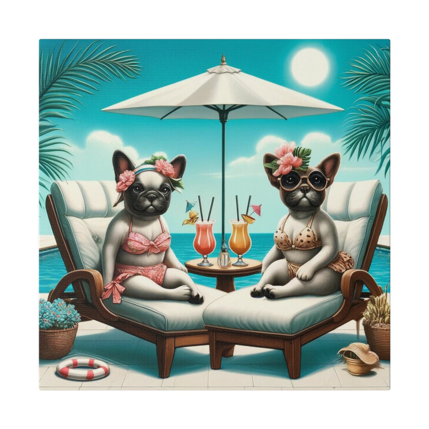 Frenchies Sippin' On Mai Tais-Matte Canvas, Stretched, 14x14