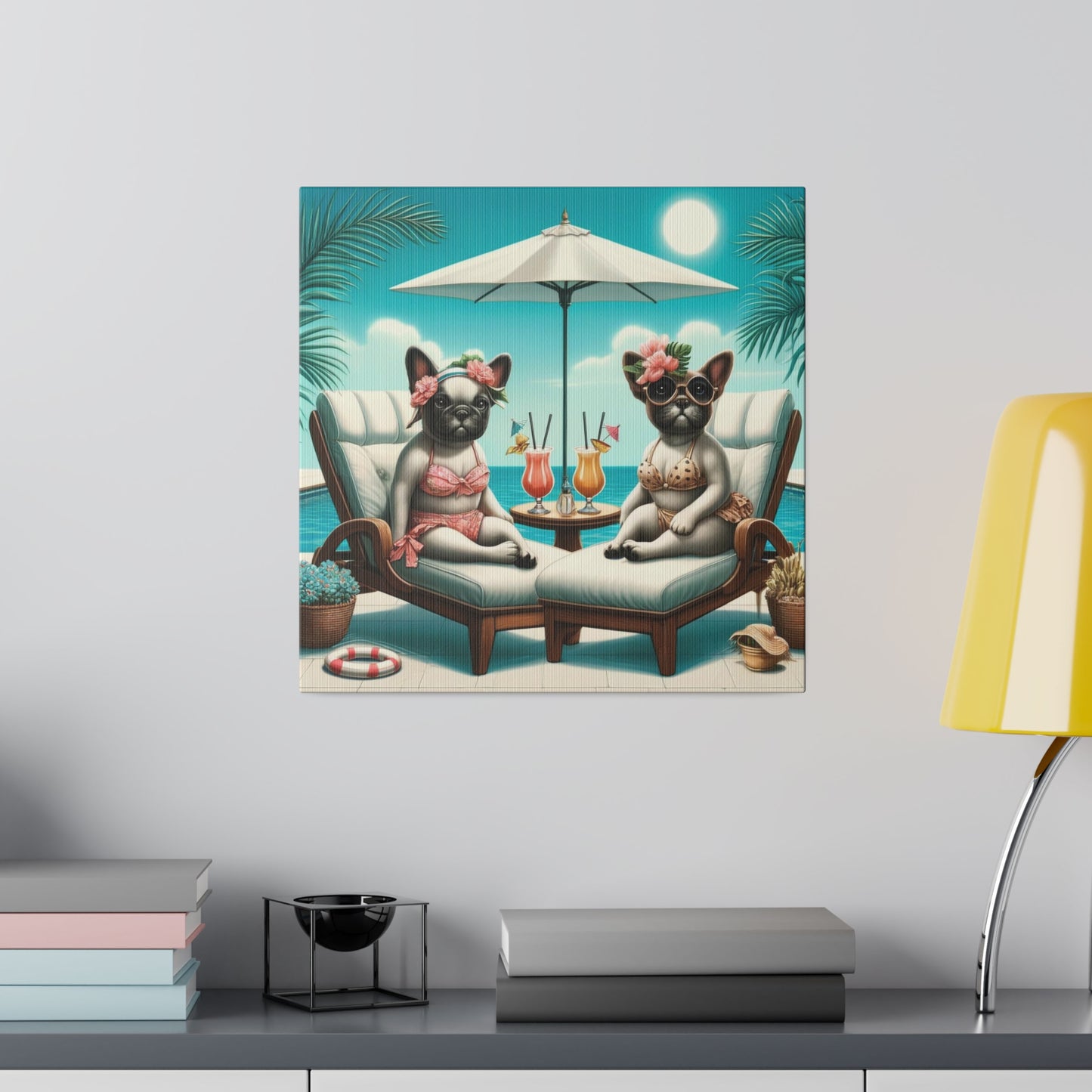 Frenchies Sippin' On Mai Tais-Matte Canvas, Stretched, 14x14