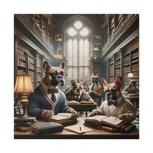 Frenchie Library Scene-Matte Canvas, Stretched, 14x14